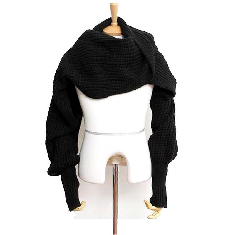 Black Scarf With Sleeves Knit Shawl Warmth Neck And Arms Coverage Korean Style Winter 270cm X 50cm 1Set | Fruugo SG