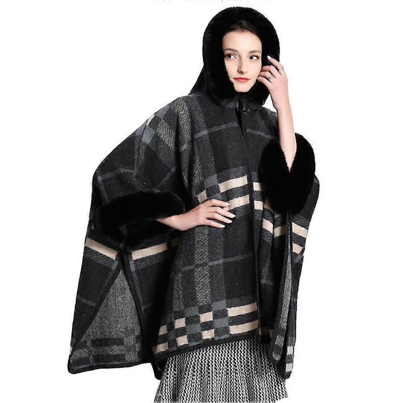 Black Warm Wraps Shawls with Faux Fur Trimming Loose Cardigan with Plaid Pattern for Lady | Fruugo SG