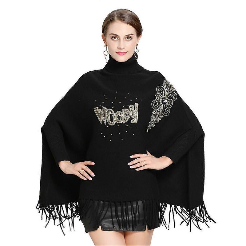 Loose Turtleneck Pullover Wrap Shawl with Tassel Knitting Cape Batwing Sleeve for Lady Black | Fruugo SG