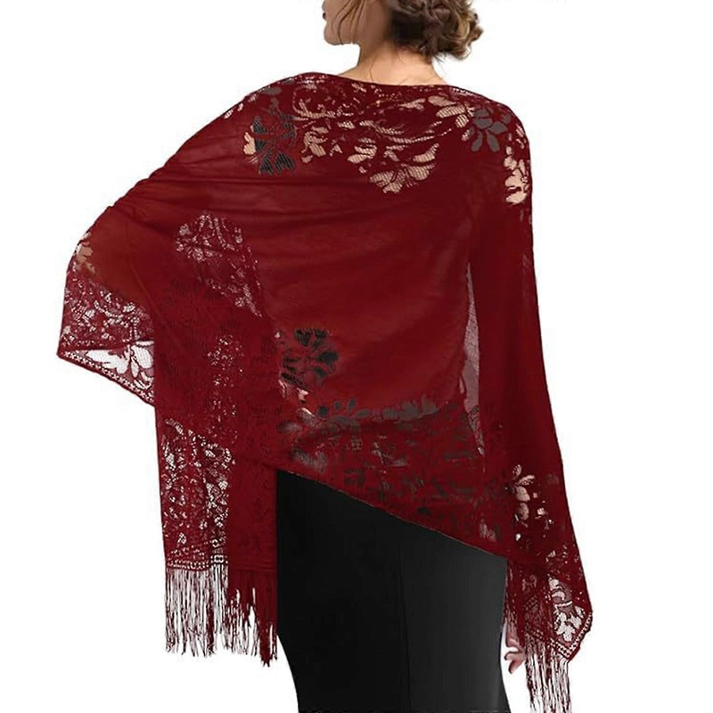 Popular Lace Shawl With Dangling Tassels Hollowed Shoulder Wrap Scarf For Elegances Women Photography and Wedding Shawl  Burgundy | Fruugo SG