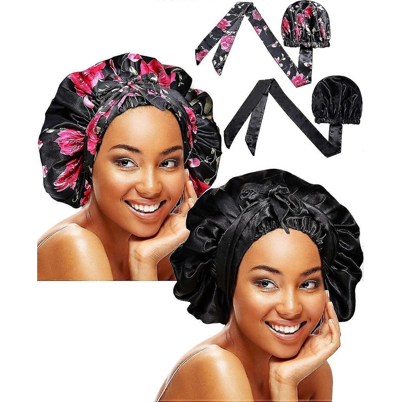 2 Pieces Soft Satin Head Scarf Sleeping Cap Bonnet Headwear Head Wrap Turbans For Women Long Curly Hair, Braids (chic Pattern) | Fruugo SG