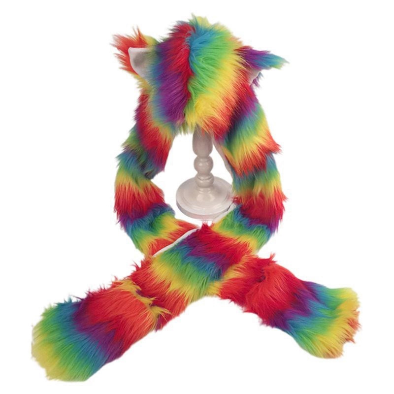 3 In 1 Women Girls Rainbow Fluffy Plush Wolf Ears Animal Hat Hoodie Scarf Earfla  Multi One Size | Fruugo SG