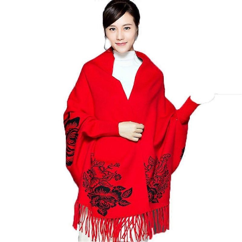 Autumn Winter Shawl Wrap Red Poncho with Tassel Winter Cardigant for Lady | Fruugo SG
