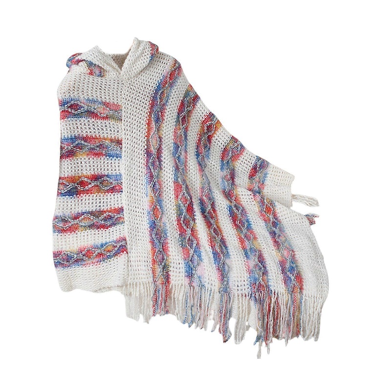 Fashionable Women’s Hooded Striped Knit Shawl Wrap with Fringes Tassels Pullover Ponchos Capes Sweater for Winter Fall  White | Fruugo SG