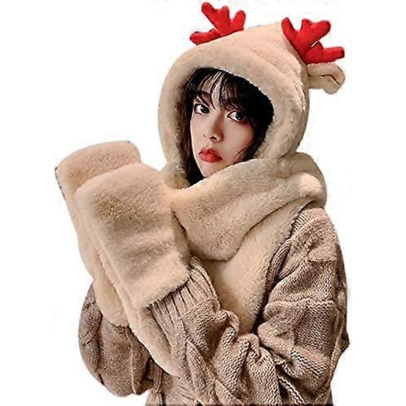 3 in 1 Hat Gloves Scarf Cute Plush Antler Hat Winter Warm Animal Hood Hat for Women Girls Christmas Costume Dress Up Coffee – | Fruugo SG