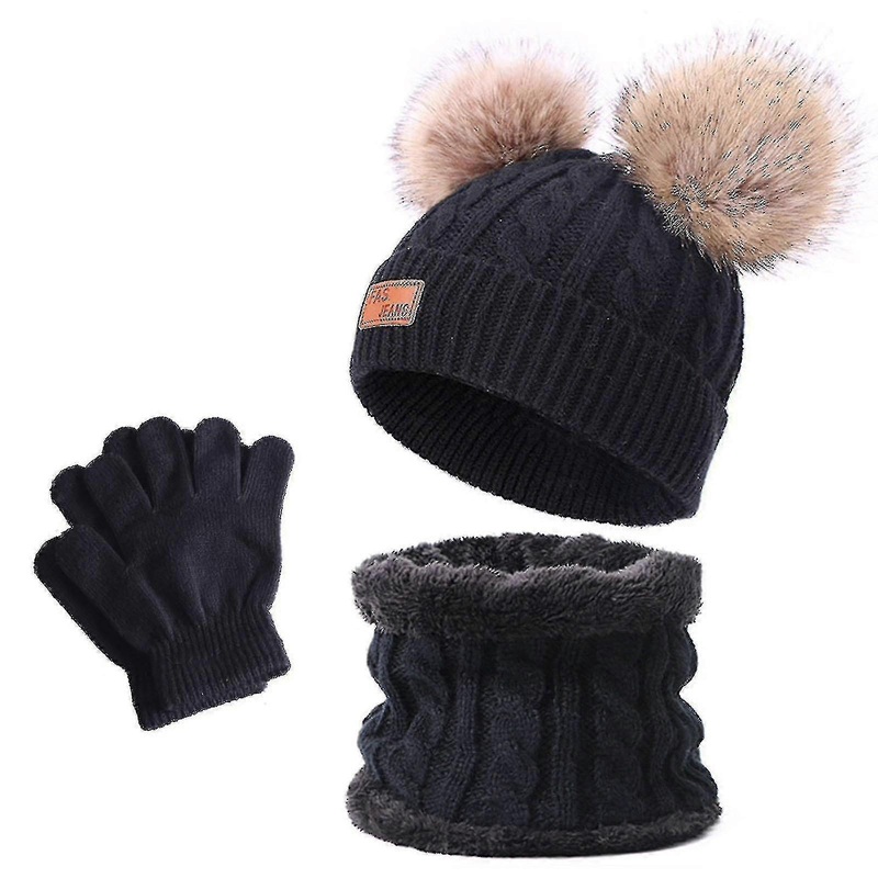 3pcs Winter Kids Hat Scarf And Gloves Thick Pompom Fleece Lining Knitted Thermal Sets For Children Holiday NIUNIU | Fruugo SG