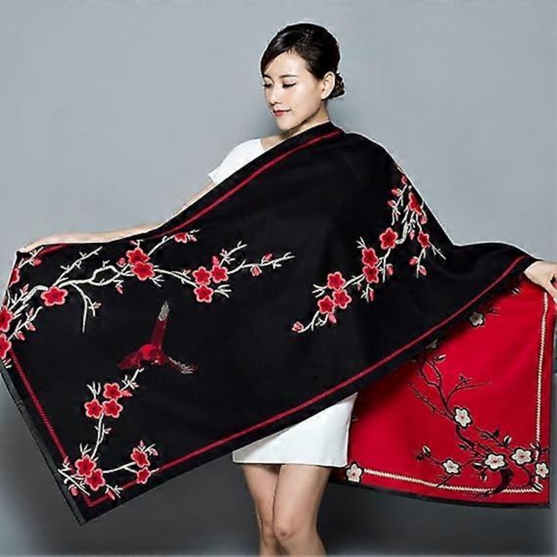 Women’s fall and winter cold scarf retro black plum bird jacquard ethnic style warm soft cashmere touch thickened blanket shawl scarf | Fruugo SG