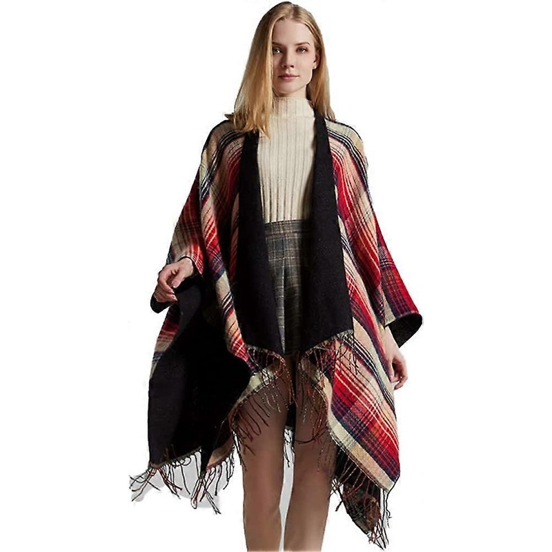Women’s Tassel Plaid Poncho Pashmina Shawl Wrap Cape Sweater Red – | Fruugo SG