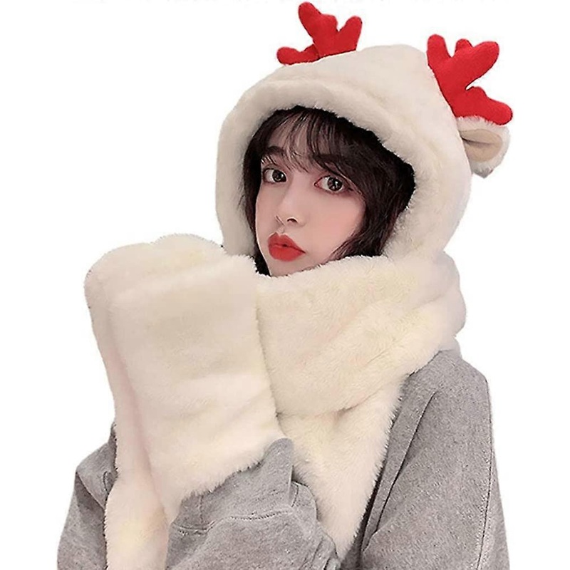 3 in 1 Hat Gloves Scarf Cute Plush Antler Hat Winter Warm Animal Hood Hat for Women Girls Christmas Costume Dress Up White – | Fruugo SG