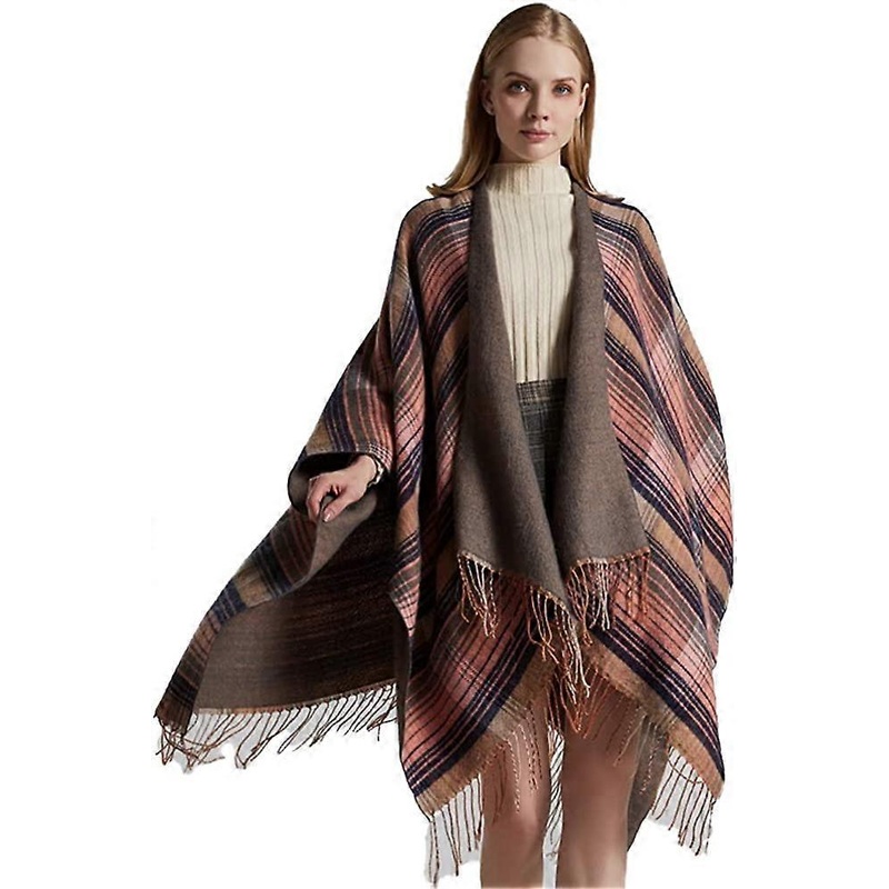 Women’s Tassel Plaid Poncho Pashmina Shawl Wrap Cape Sweater Pink Blue – | Fruugo SG