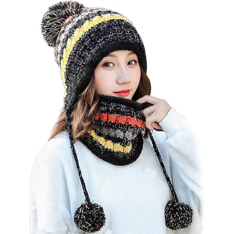 Women Winter Beanie Hat Peruvian Circle Scarf Set Ski Ear Flaps Caps Dual Layered Fleece Lined Pompoms A3-m8771-black – | Fruugo SG