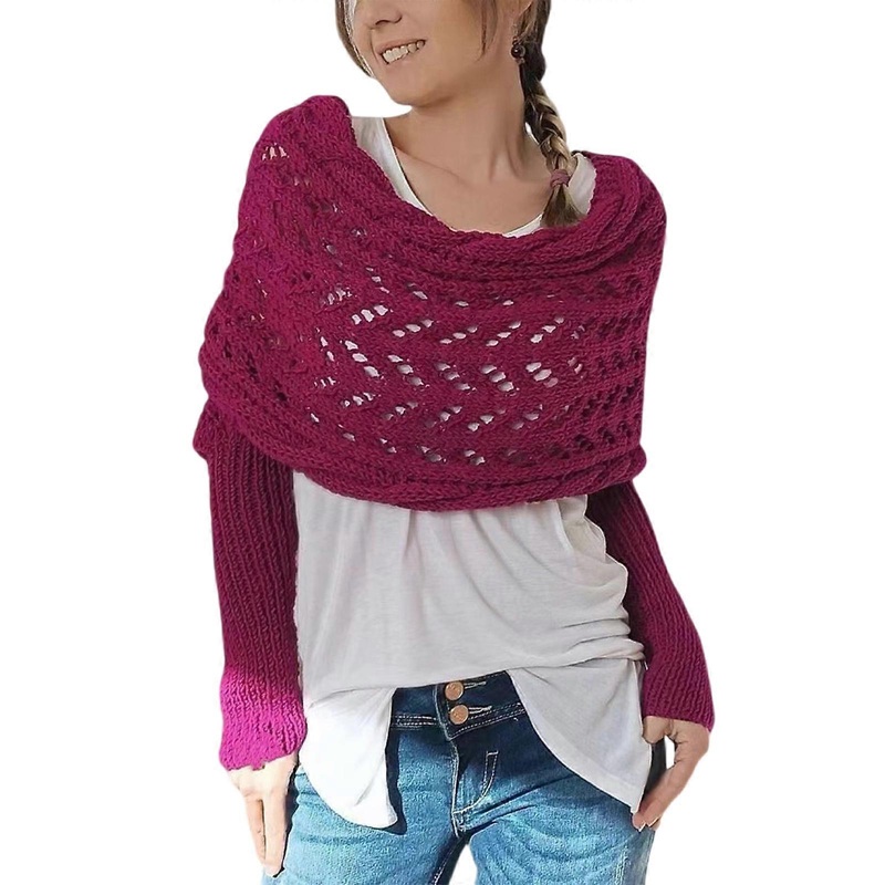 Cable Knitted Sleeved Shawl for Dress Breathable Scarf with Sleeve for Travel Winter Wear Sweater Wrap Hollowed Shawl  Rose red | Fruugo SG