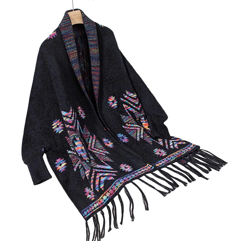 Ethnic Knit Geometric Pattern Cardigan Women Batwing Sleeve Loose Open Front Sweater Vintage Tassels Ponchos Shrug Shawl  Black | Fruugo SG