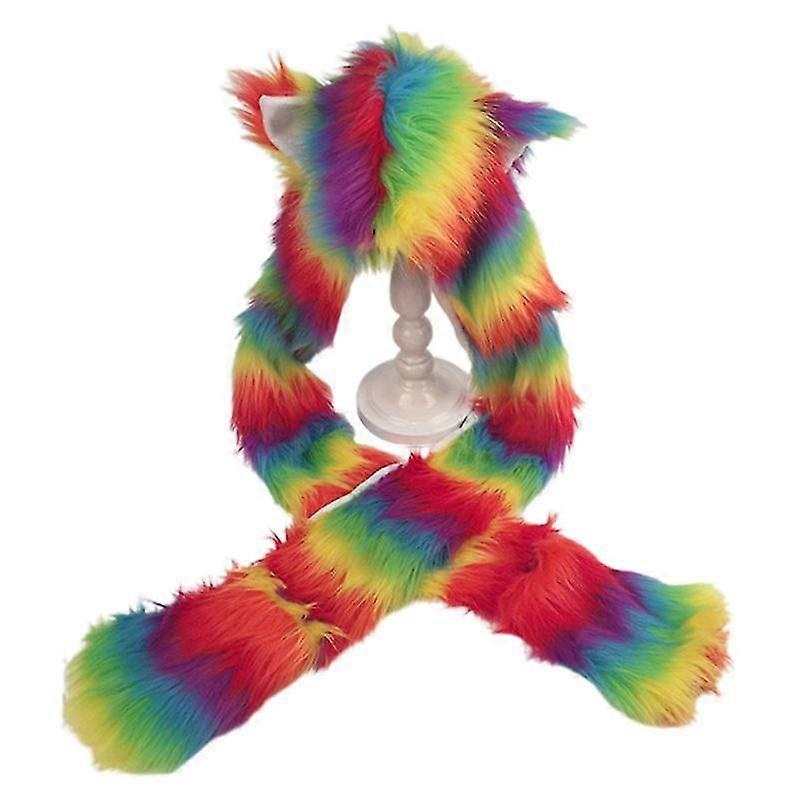3 In 1 Women Girls Rainbow Fluffy Plush Wolf Ears Animal Hat Hoodie Scarf Earflap Cap With Paws Mittens Gloves Winter Warmer | Fruugo SG