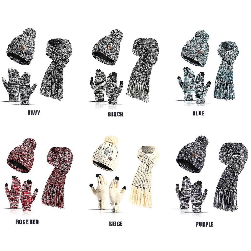 Autumn Winter Knitted Wool Colorful Hat Thick Scarf Touch Screen Gloves Three Pieces | Fruugo SG