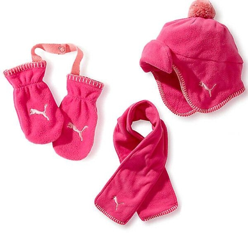 Puma MiniCat Fleece Gift Set Gloves Scarf Hat Winter Infants Pink 843284 01 A18A | Fruugo SG