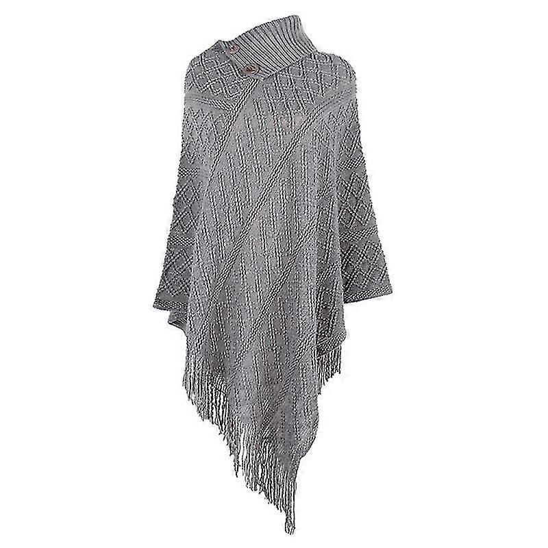Women Lapel Buttons Poncho Cape Solid Color Knitted Diamond Shawl Tassel Sweater | Fruugo SG