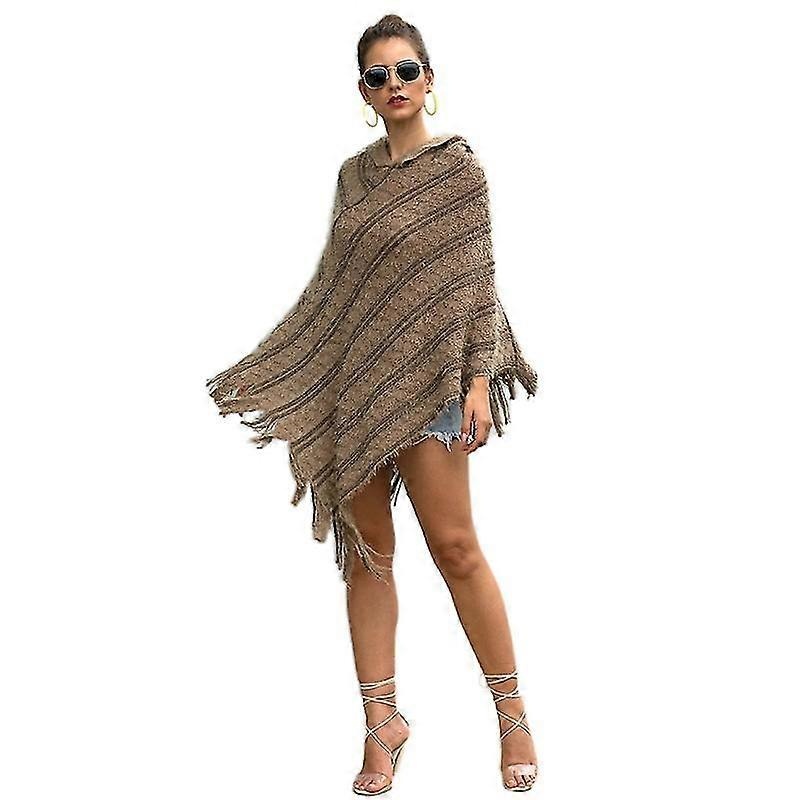 Women Pullover Hooded Poncho Cape Thick Fuzzy Knitted Striped Shawl Scarf Wrap Fringed Tassel Asymmetric Batwing Sweater | Fruugo SG